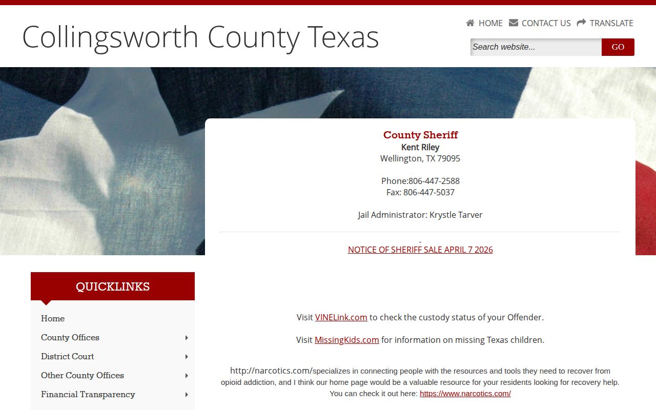 Collingsworth County Sheriff official custody and booking-record contact page