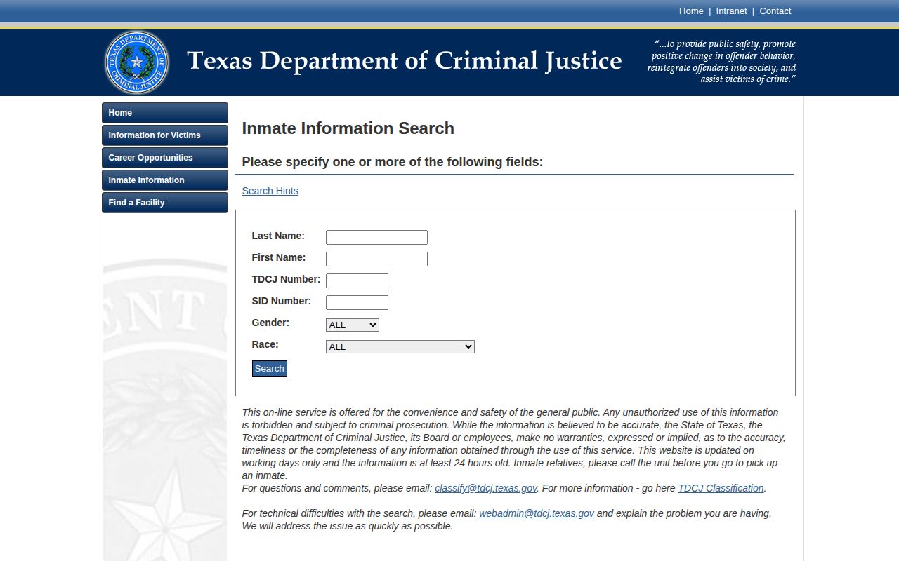 Texas TDCJ inmate search for Collingsworth County state custody records